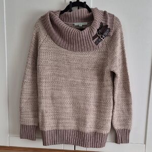 💙cleo Taupe Cowl Neck Sweater with Buckle Accent